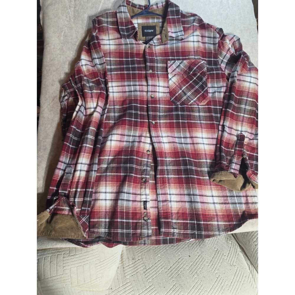 CQR Mens Flannel Shirt 2XL Tall Red Plaid Corduroy Trim Long Sleeve Button Down